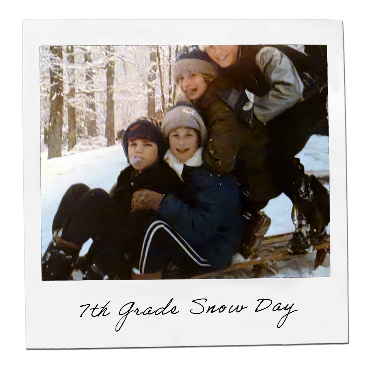 Vintage polaroid: friends sledding on a 7th grade snow day