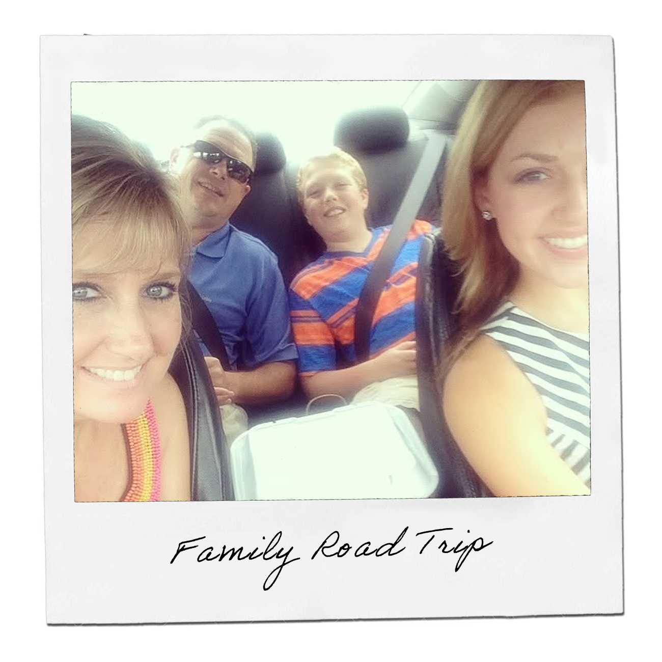 Polaroid: family smiling together on a road trip in the car