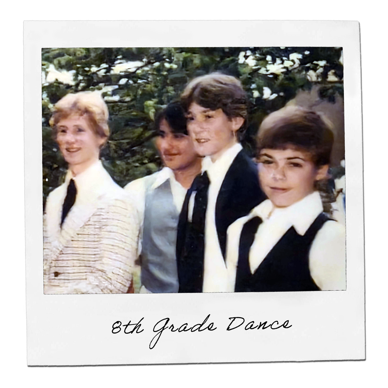 Vintage polaroid: friends dressed up for the 8th grade dance