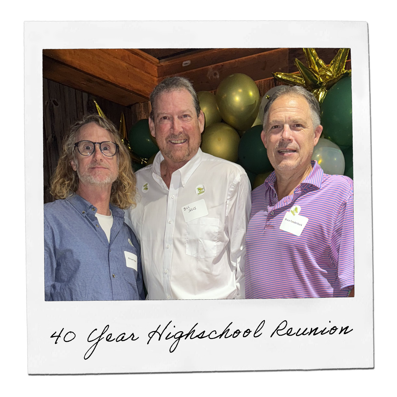 Polaroid: three classmates together at the 40 year high school reunion