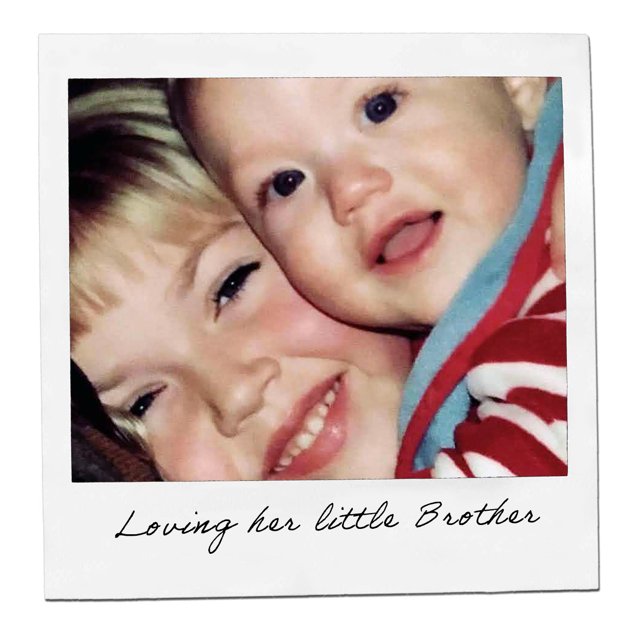Polaroid: a little girl cheek to cheek with her baby brother